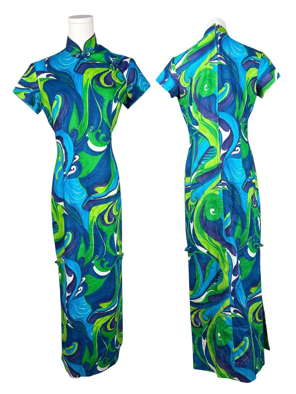 Vintage Made in Hawaii Andrade Mandarin Collar Groovy Patterned Maxi Dress M